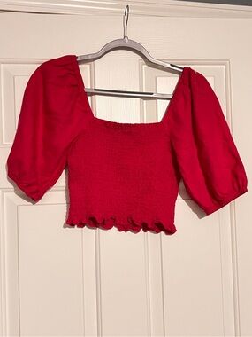 Universal Thread Bright Red Smocked Puff Sleeve Crop Top